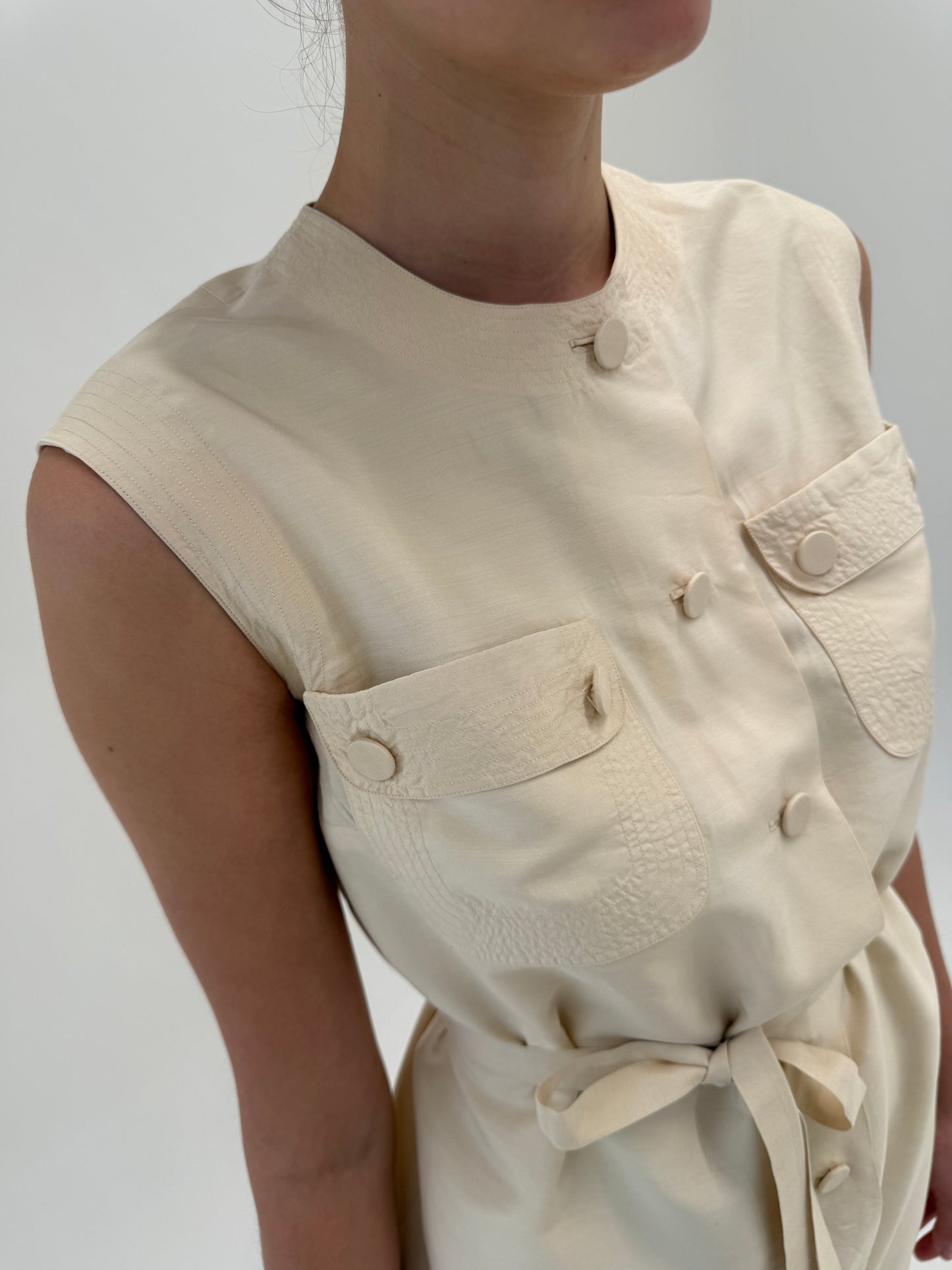 Rochie vintage din panza de mătase naturală butter white în stil Safari