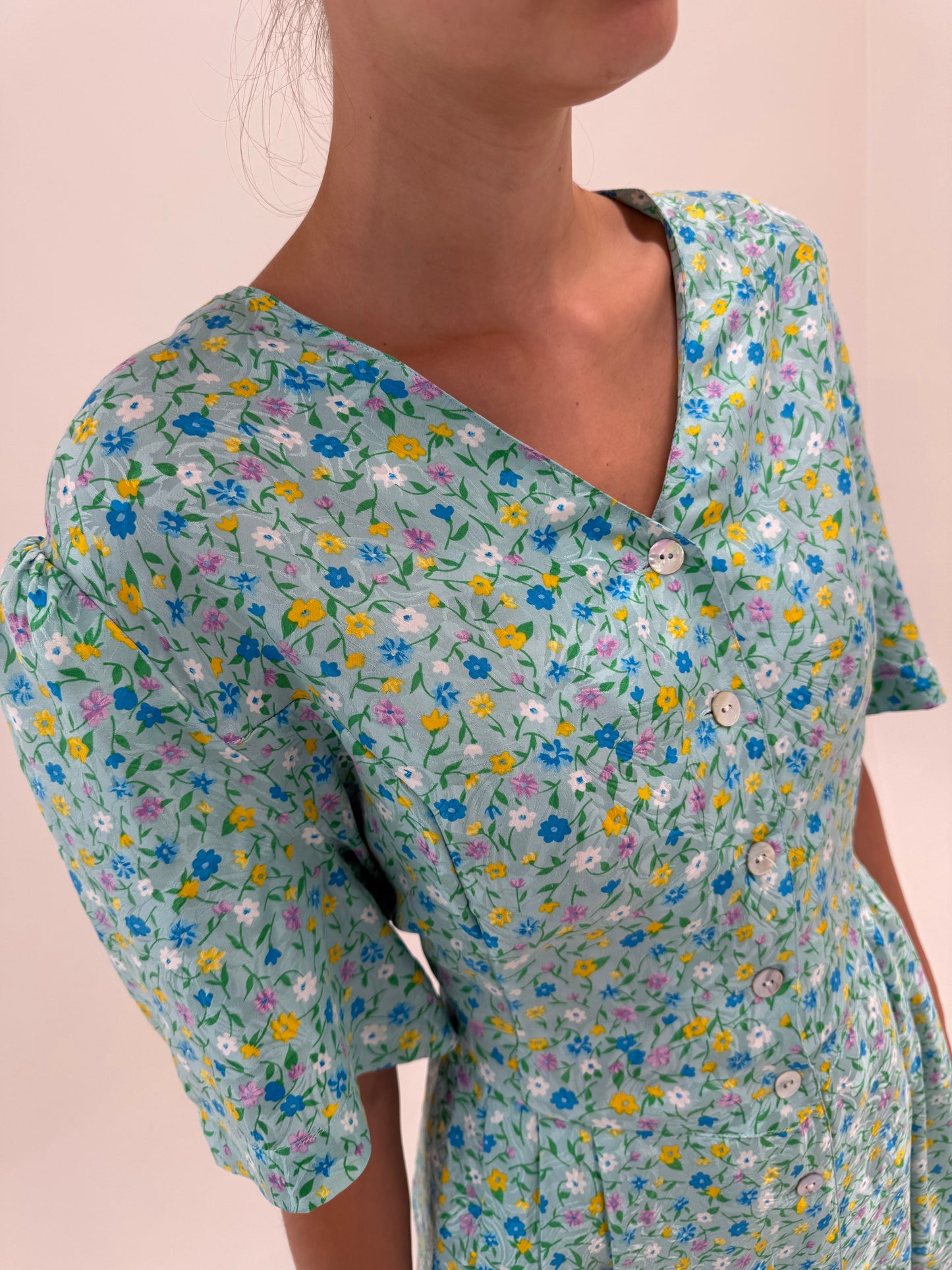 Rochie vintage mint green din mătase naturală superbă cu buzunare în croi flatant