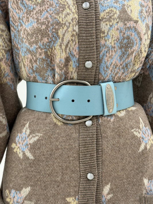 Centura din piele naturală groasă baby blue cu feronerie argintiu mat