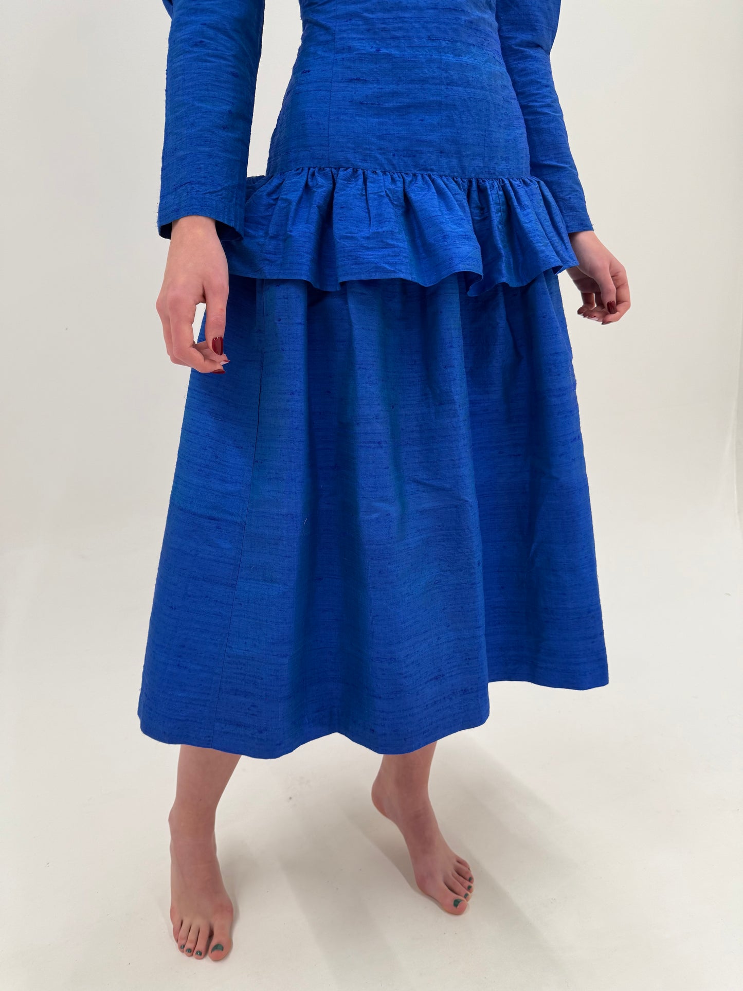 Rochie vintage albastru regal din mătase naturală dupioni groasă