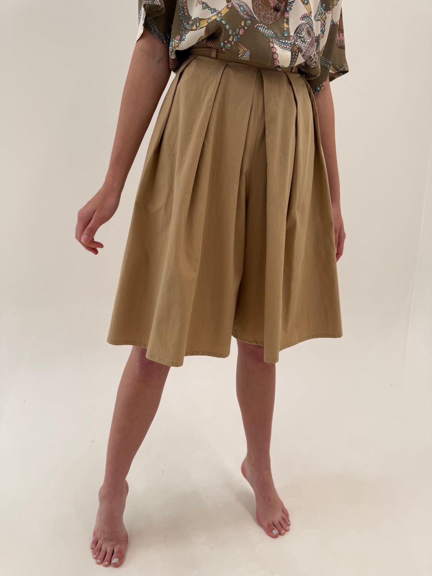 Fustă pantaloni vintage camel din bumbac cu talie ultra înaltă