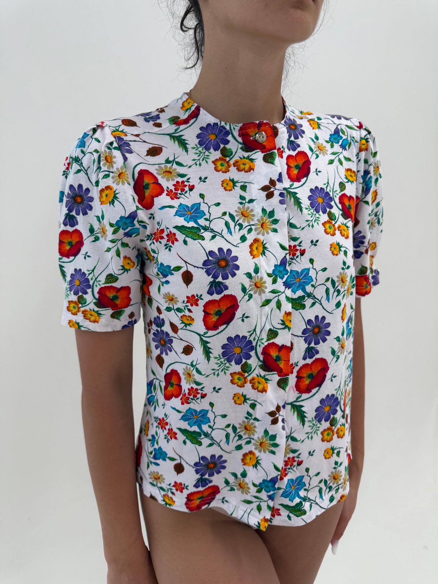 Corsaj premium din bumbac cu print floral superb și mâneci ușor bufante