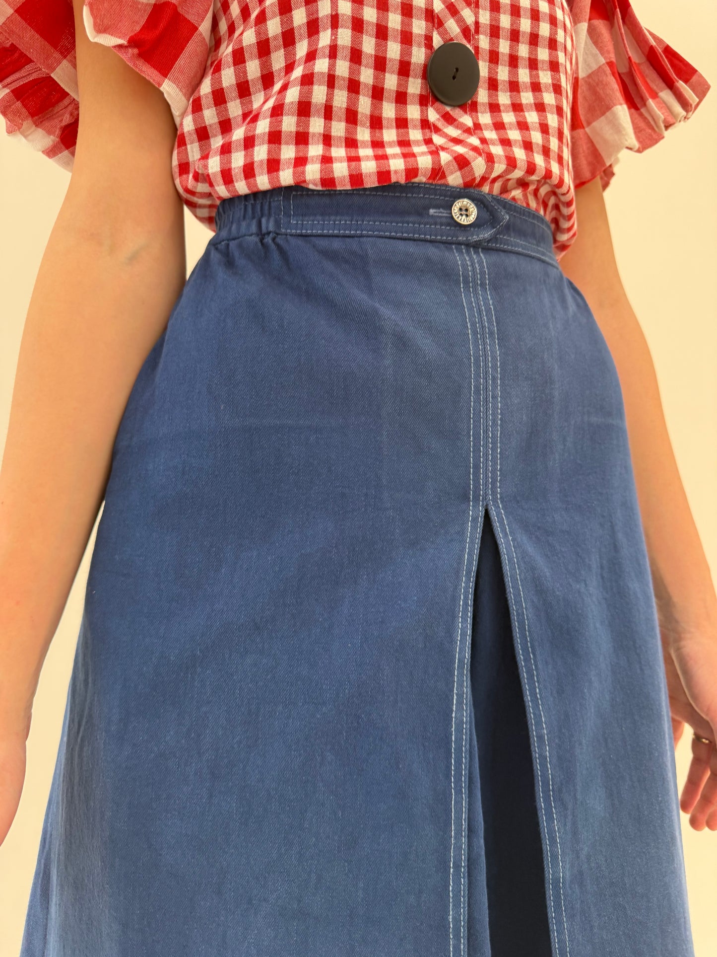 Set vintage luxury Delmod din jeans indigo wash cu fustă pantaloni midi