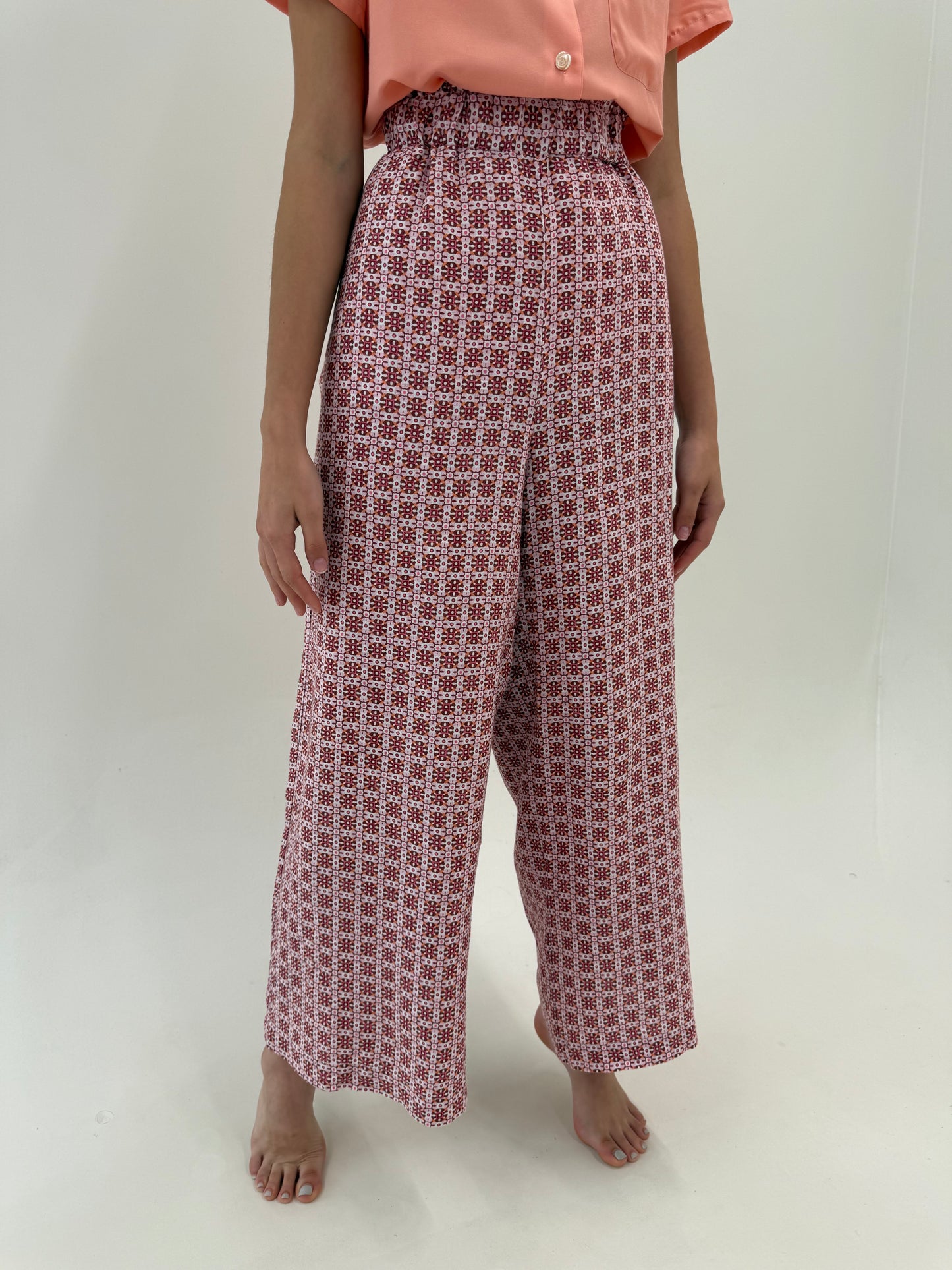 Pantaloni palazzo din in cu talie ultra înaltă cu print geometric
