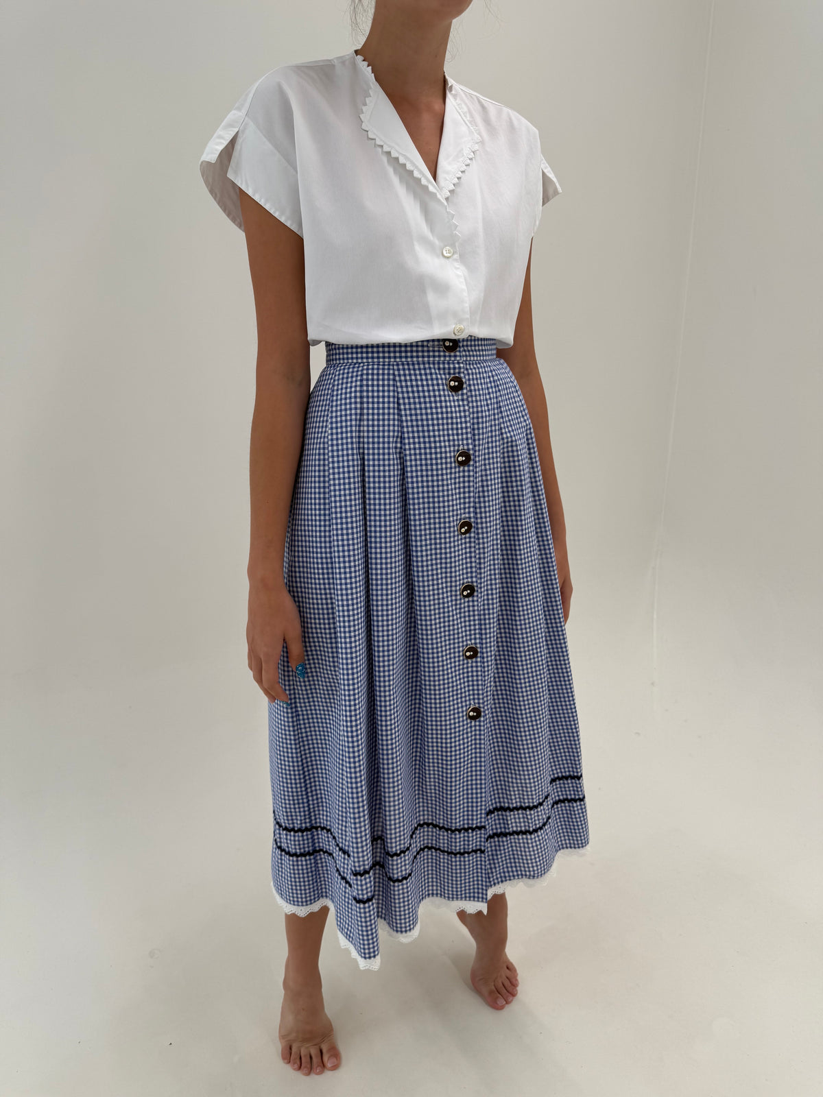 Fustă maxi vintage gingham cu talie ultra marcată înaltă din canvas de bumbac