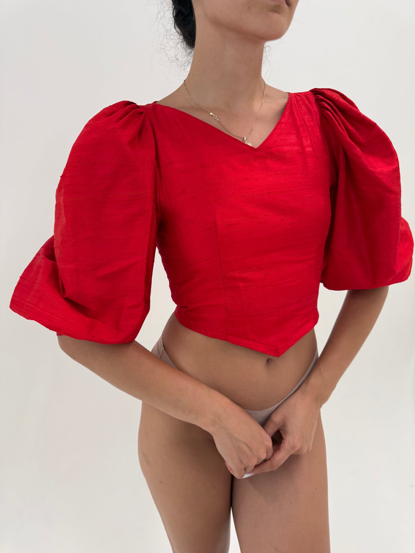 Corset vintage cu mâneci bufante ample din mătase naturală dupioni