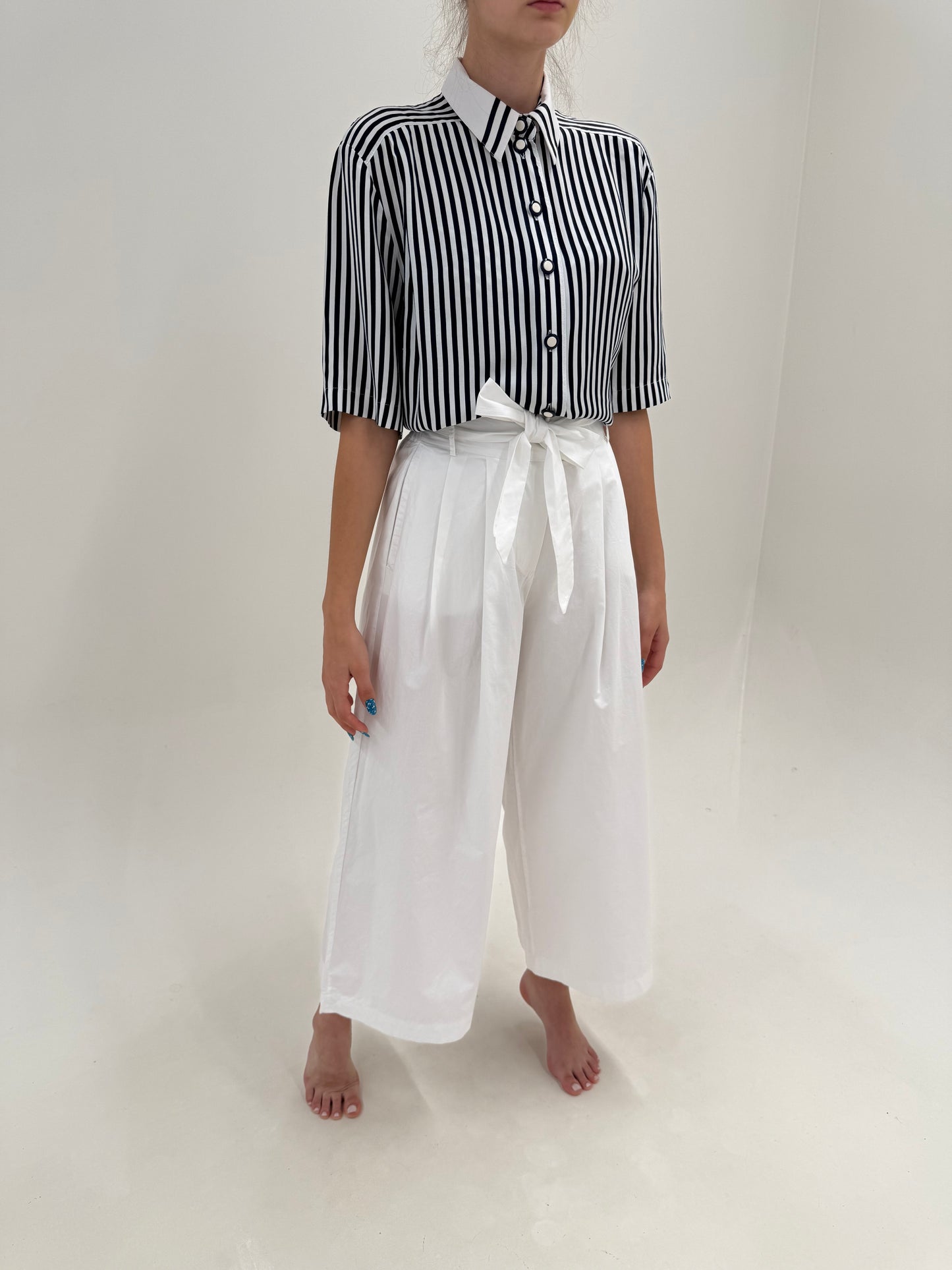 Pantaloni palazzo italienești fin poplin premium de bumbac cu talie elastică