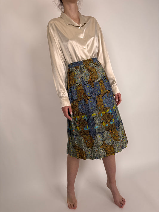 Fustă vintage plisată cu print paisley și talie ultra înaltă elastică