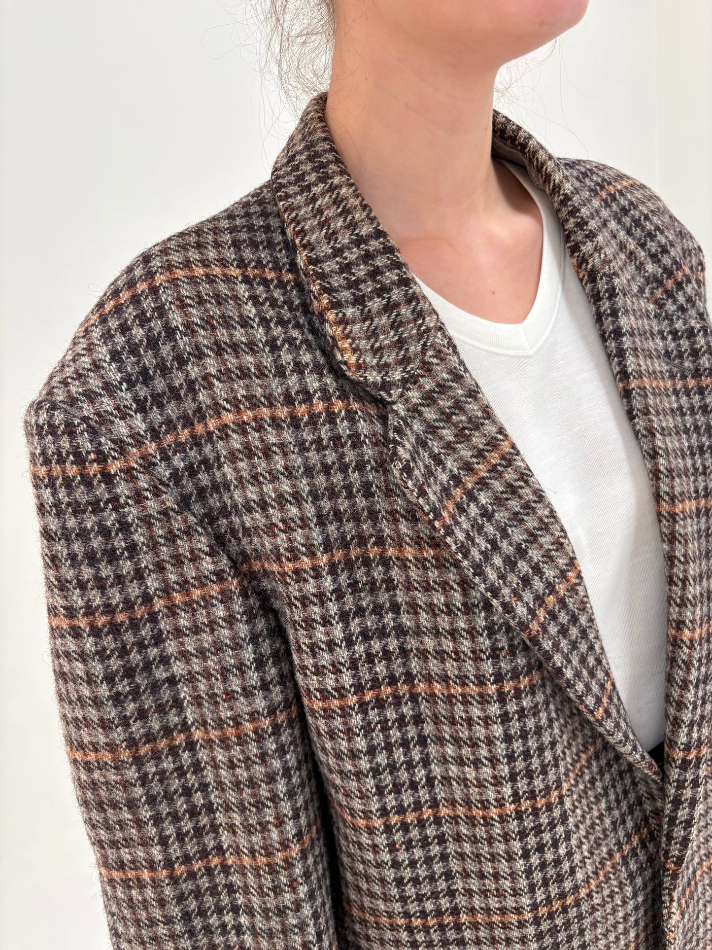 Sacou vintage în carouri din lana în croi lung oversized sau lejer