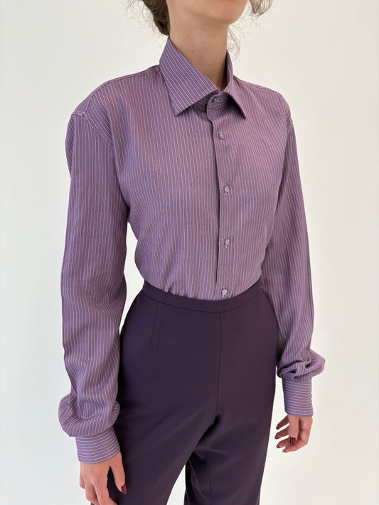 Cămașa tall în dungi fine verticale ivoire din poplin gros de bumbac