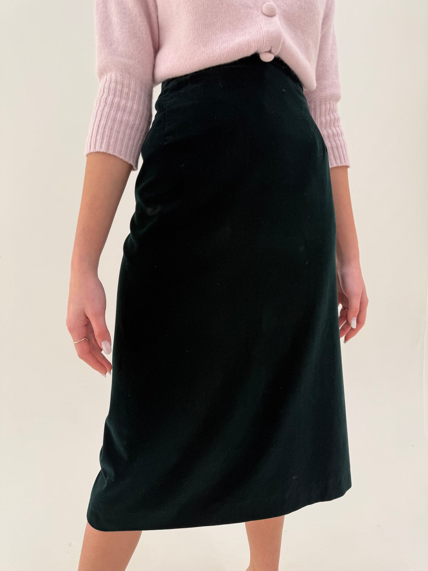 Fustă midi lung din catifea dark green excepțională cu talie ultra înaltă