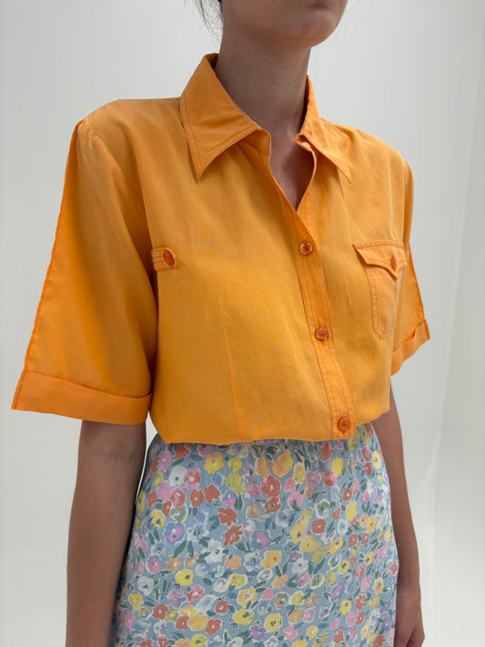 Cămașa vintage oranj din mătase naturală și bumbac în croi oversized