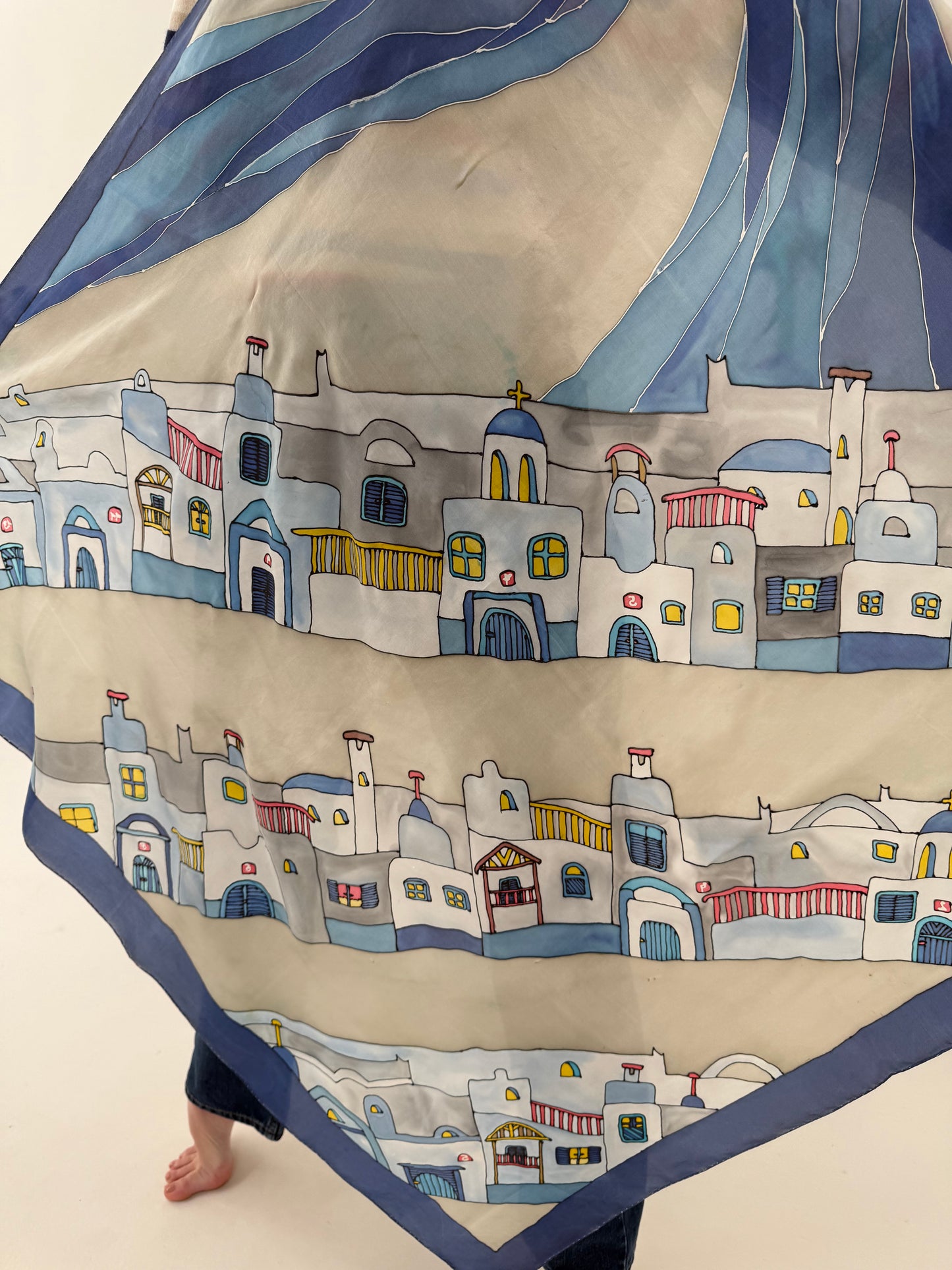 Eșarfă XXXL din mătase naturală cu print manual în culori pudrate