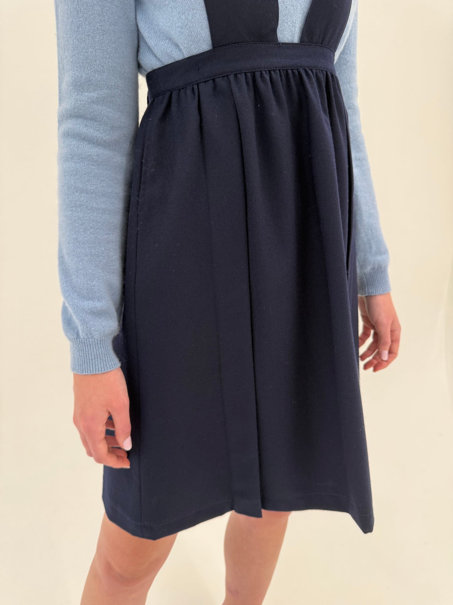 Sarafan vintage din lana extafina navy cu fustă super amplă și talie ultra înaltă