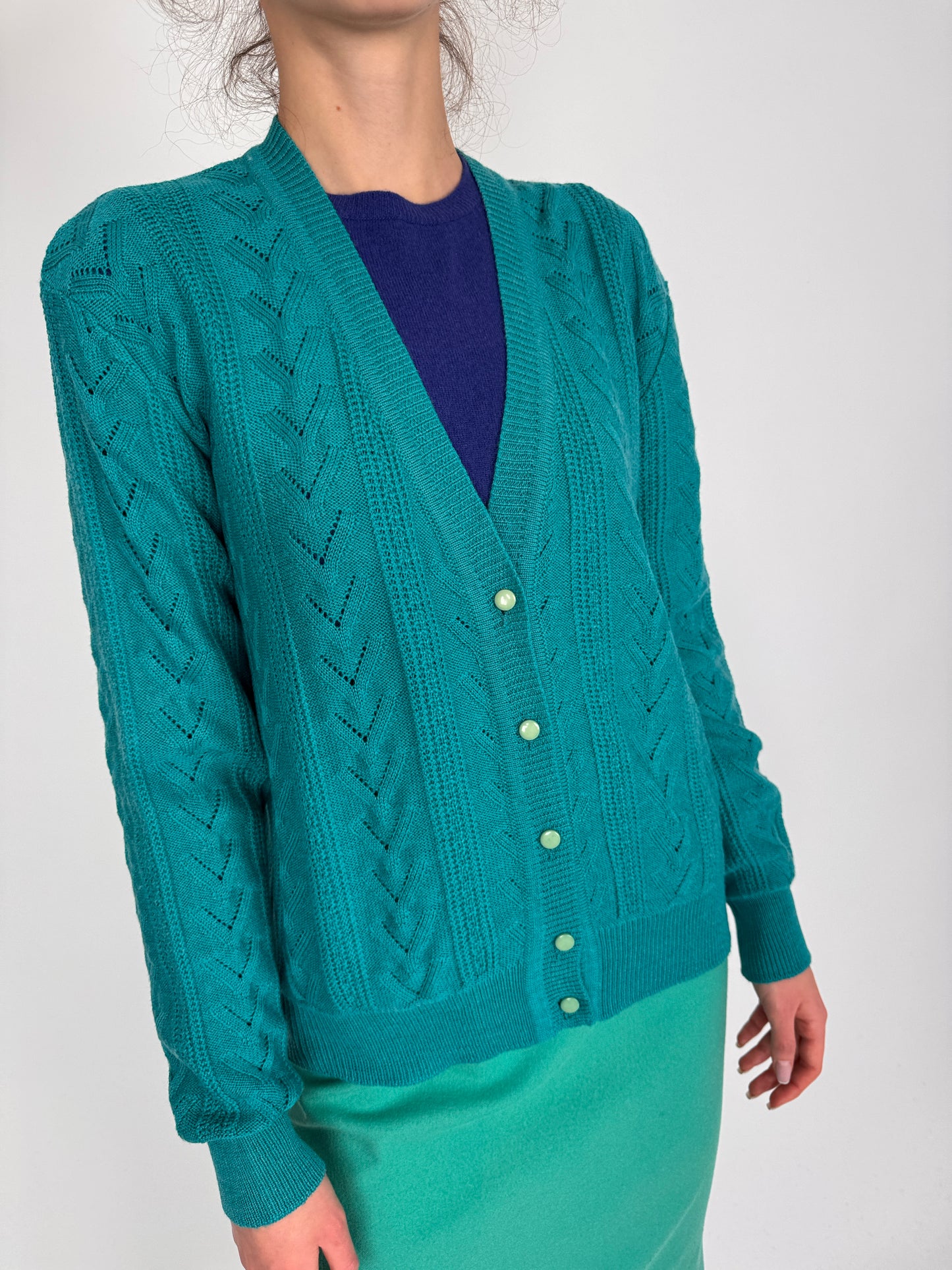 Cardigan vintage turquoise din lana extrafina texturată