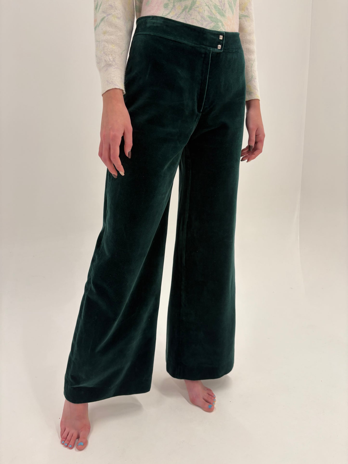 Pantaloni palazzo vintage din catifea dark green de bumbac de la zi la seară