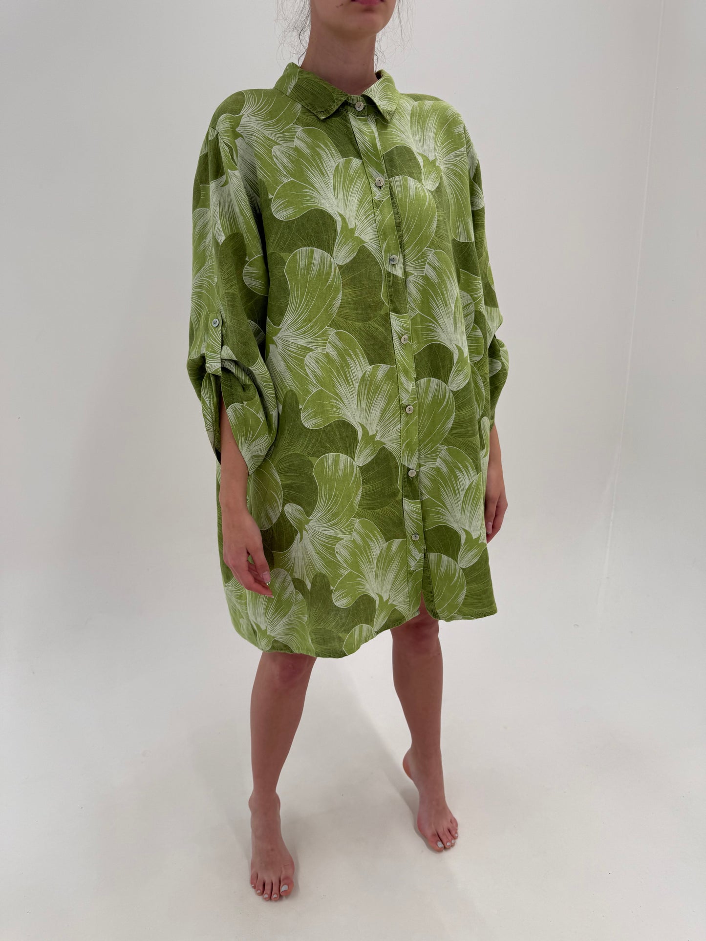 Tunica în croi lung / rochie din in premium cu print organic în nuanțe de verde