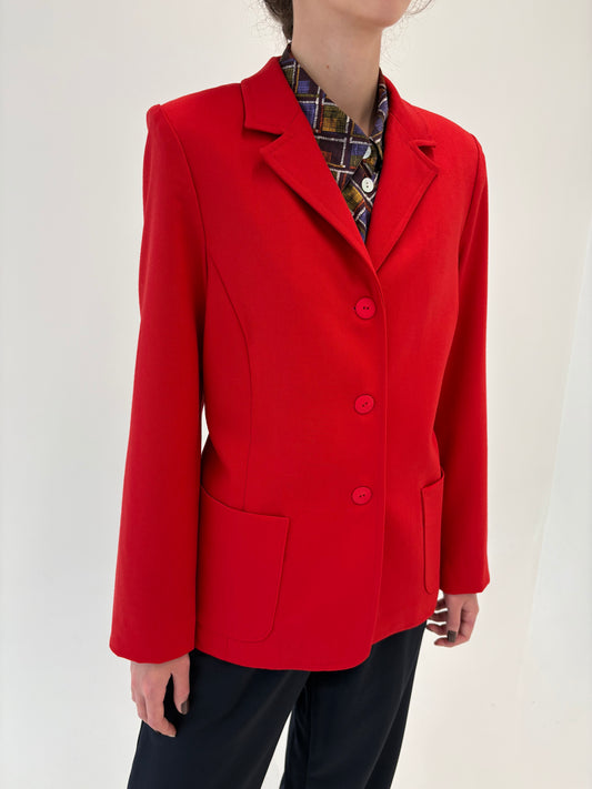 Sacou cherry red in stil Prada și croi ușor cambrat din laam extrafina