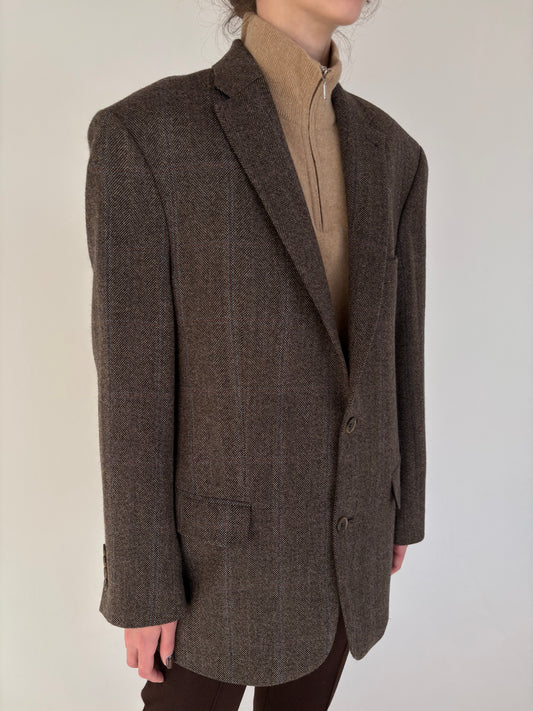 Sacou italian din tweed de lana și cașmir în nuanțe neutre și carouri fine