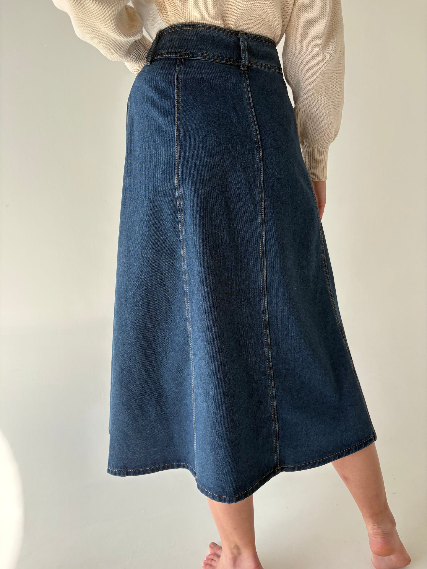 Fustă A-line vintage din jeans premium darker wash cu talie ultra înaltă
