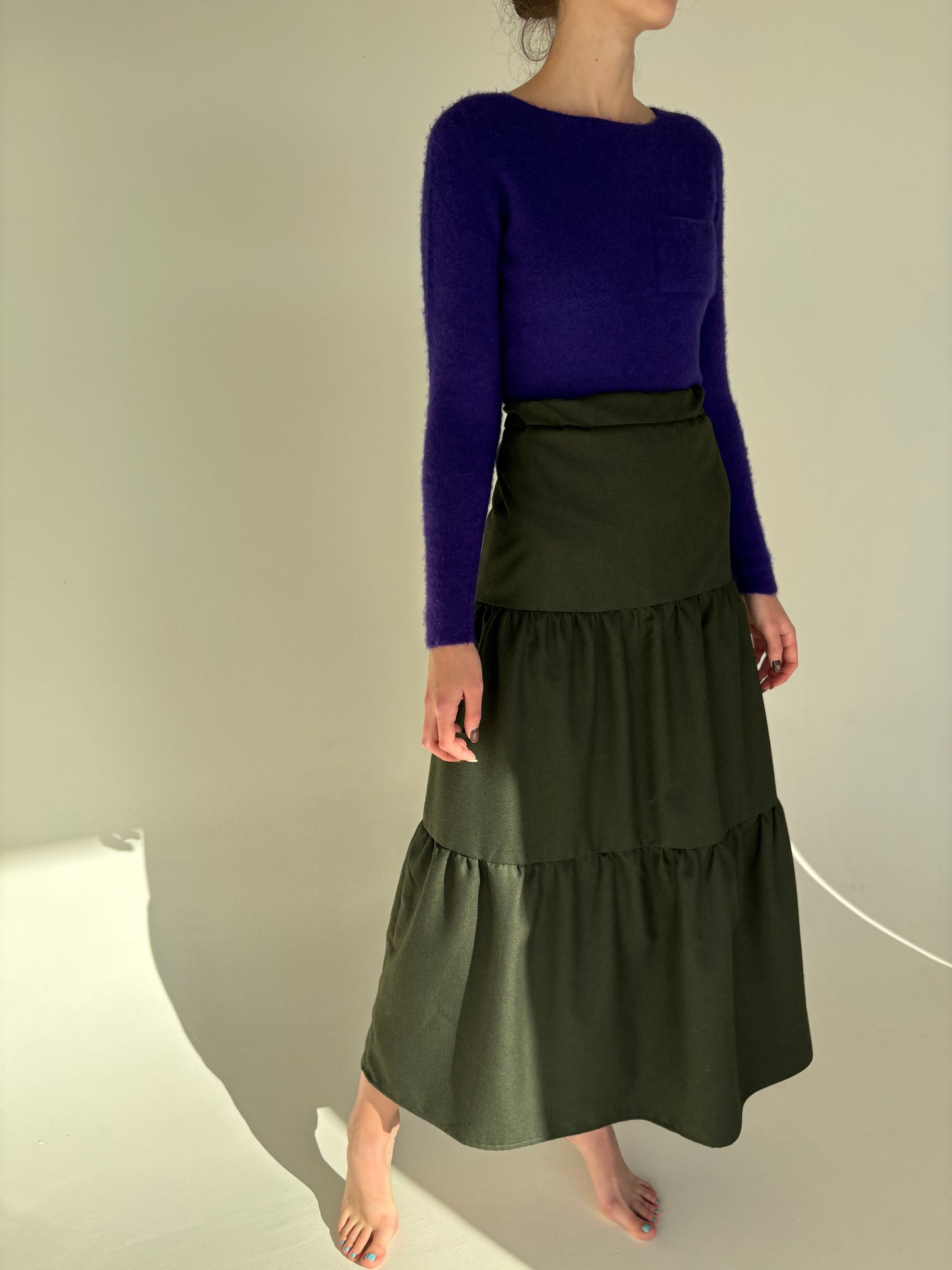 Fustă maxi forest green cu talie ultra înaltă elastica din stofă