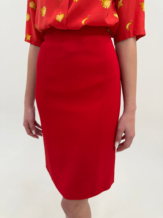 Fustă creion Valentino dim crep cherry red cu talie ultra înaltă