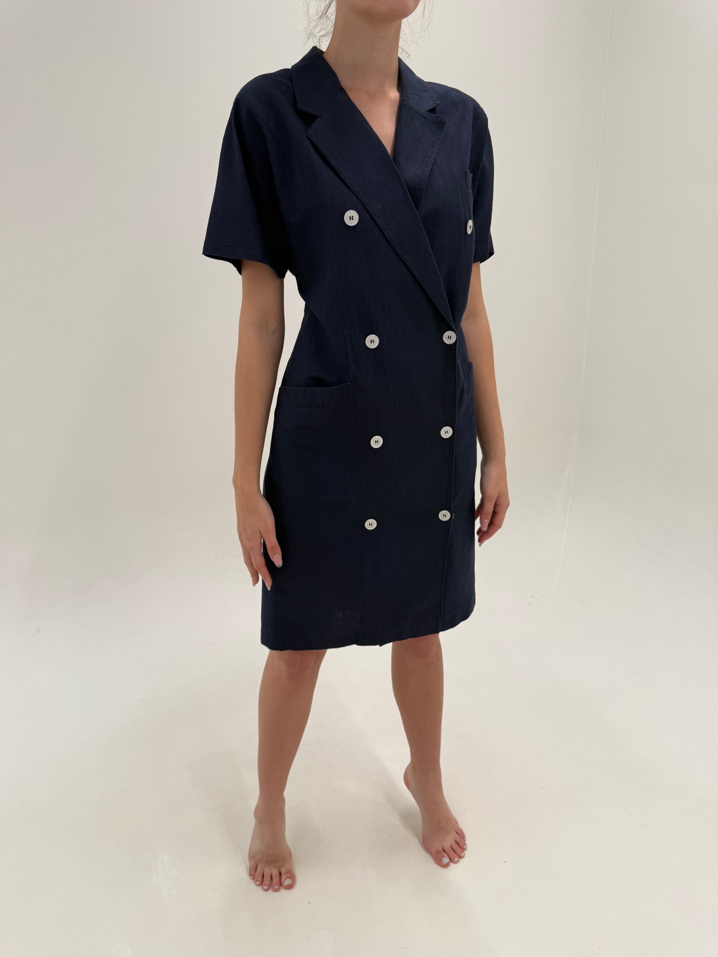 Rochie vintage italiană din pânză ușor structurată de în și bumbac cu revere late