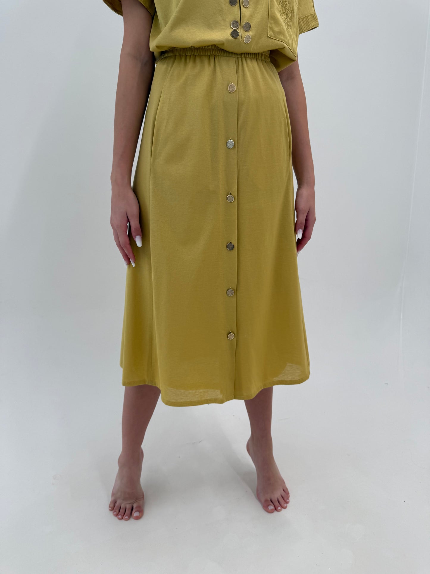 Set vintage dusty mustard green din bumbac excepțional cu nasturi metalici aurii