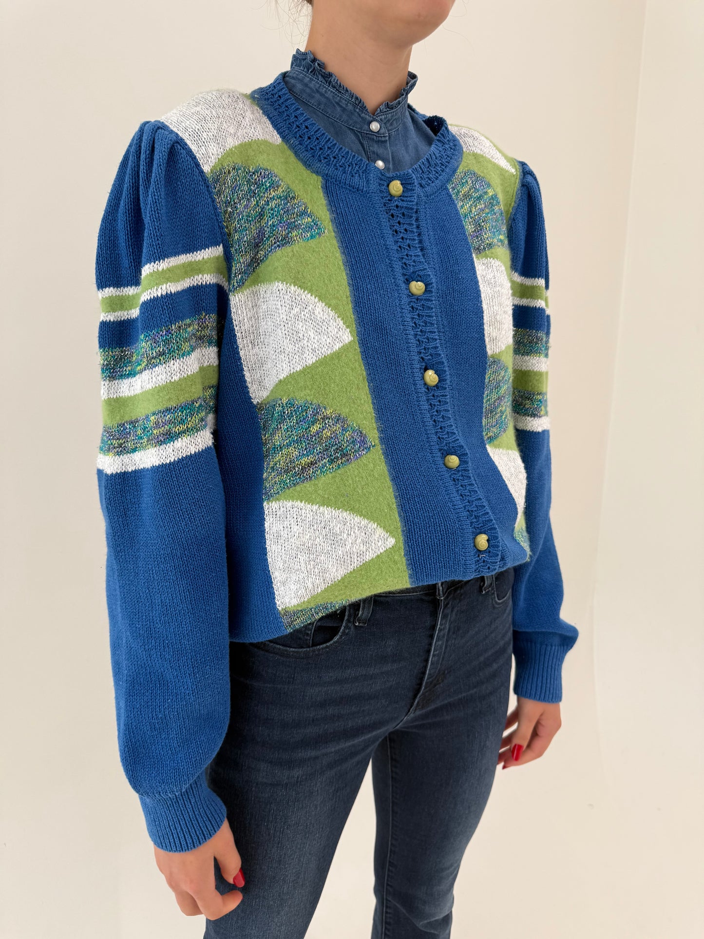 Cardigan vintage italian din bumbac de gramaj mare excepțional cu inserții de Angora