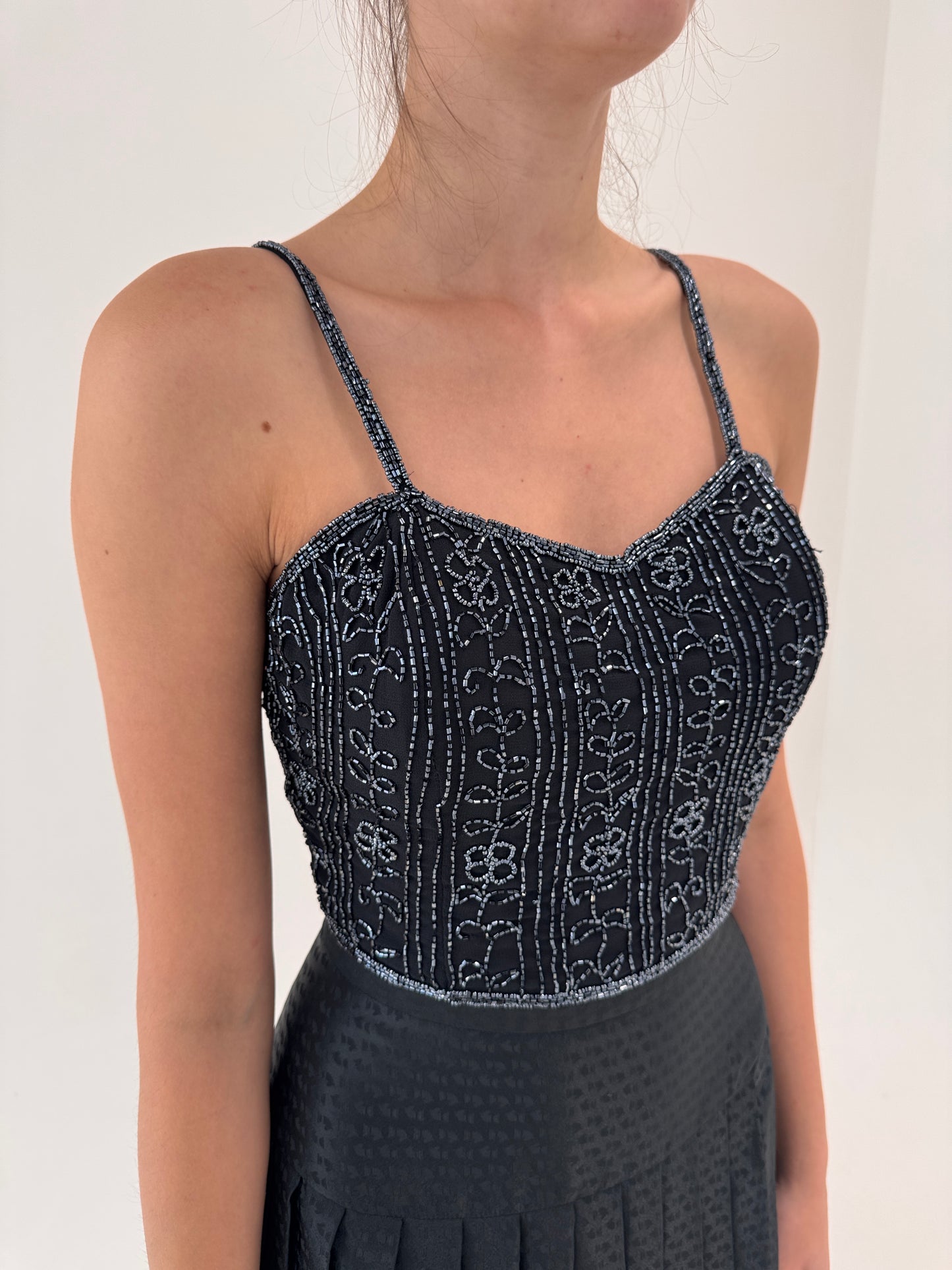 Corset vintage negru bijuterie cu aplicații manuale și cupe interioare