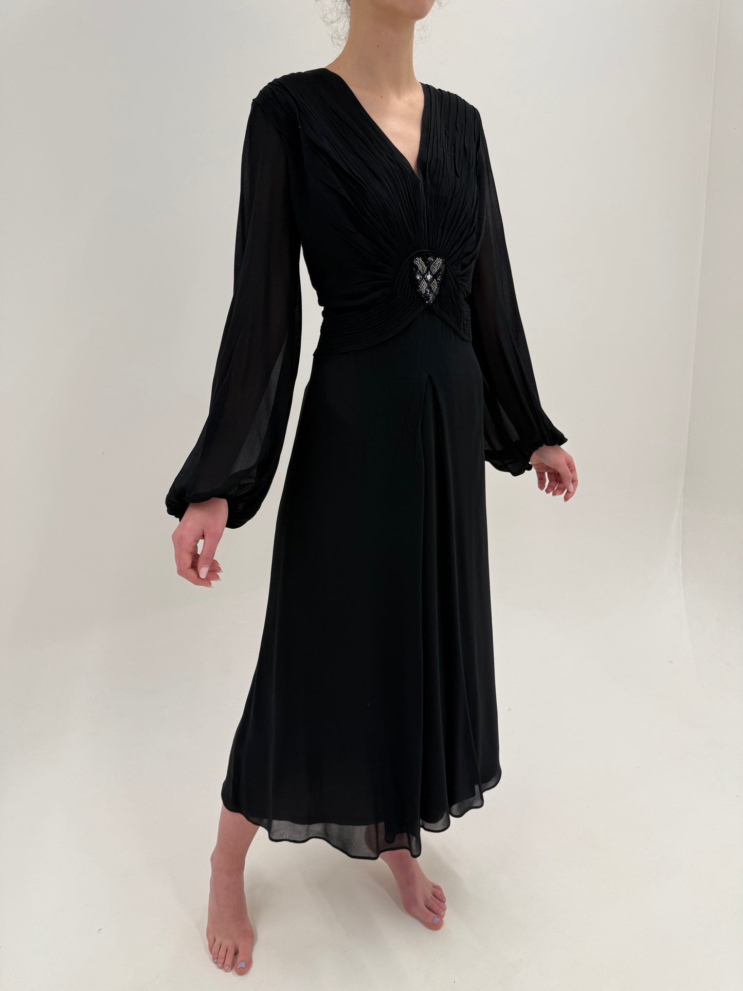 LBD maxi Old vintage anii 40 de colecție din heavy silk georgette cu influențe Art Deco