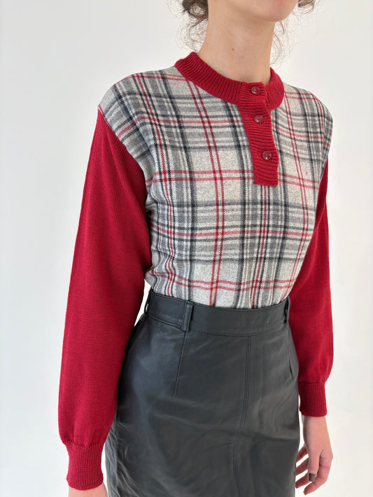 Bluză vintage din tricot și stofă de lana extrafina burgundy și gri