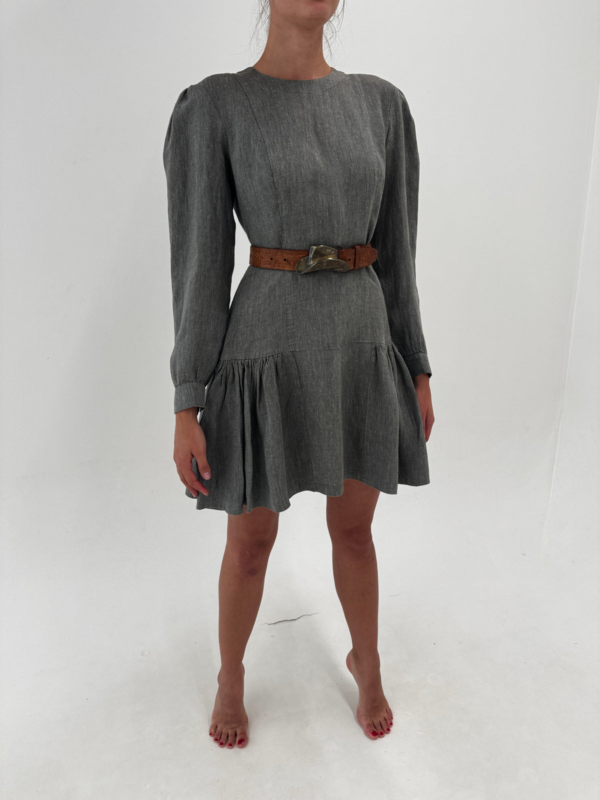 Rochie ultra chic cu talie căzută Sage green din bumbac gros