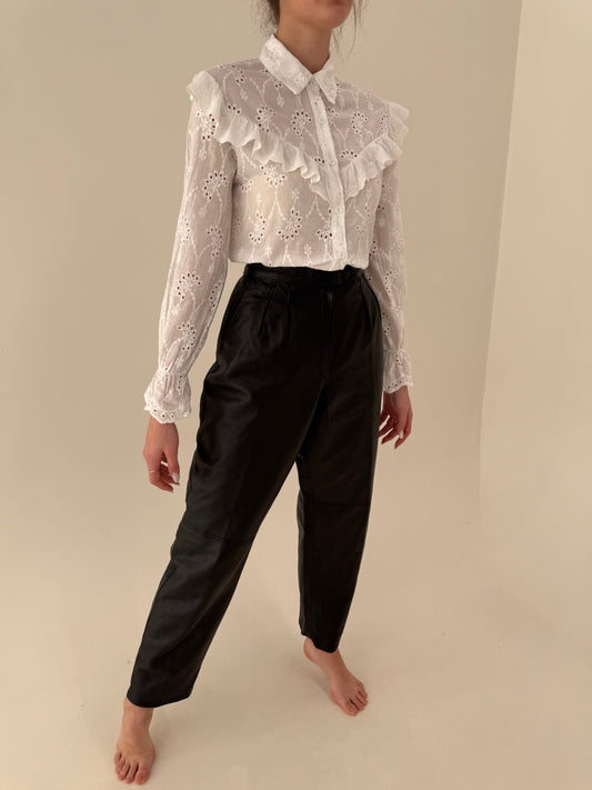 Pantaloni tall din piele naturală moale cu talie ultra înaltă și pense mom fit