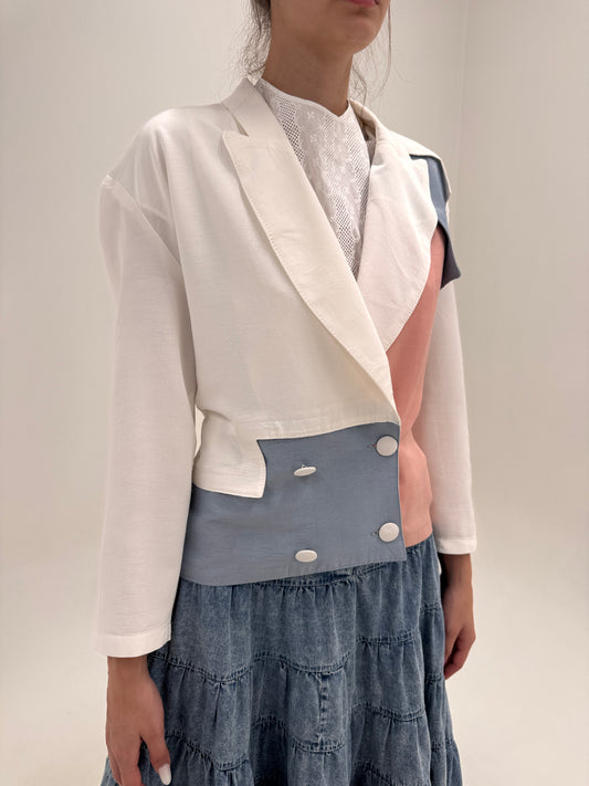 Sacou vintage din faille colorblock cu revere late reglabil la spate