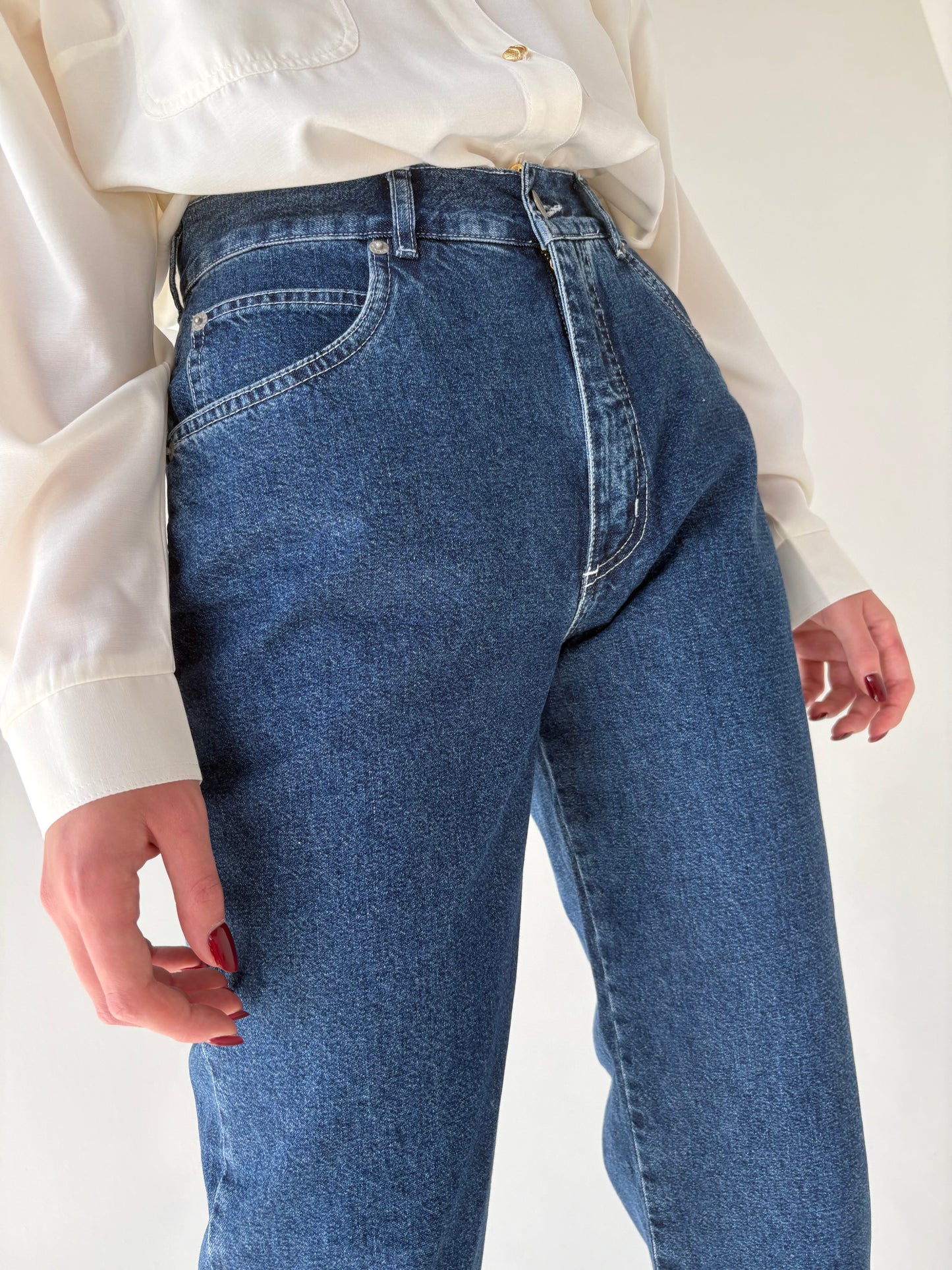 Jeans vintage straight leg dark wash cu talie înaltă