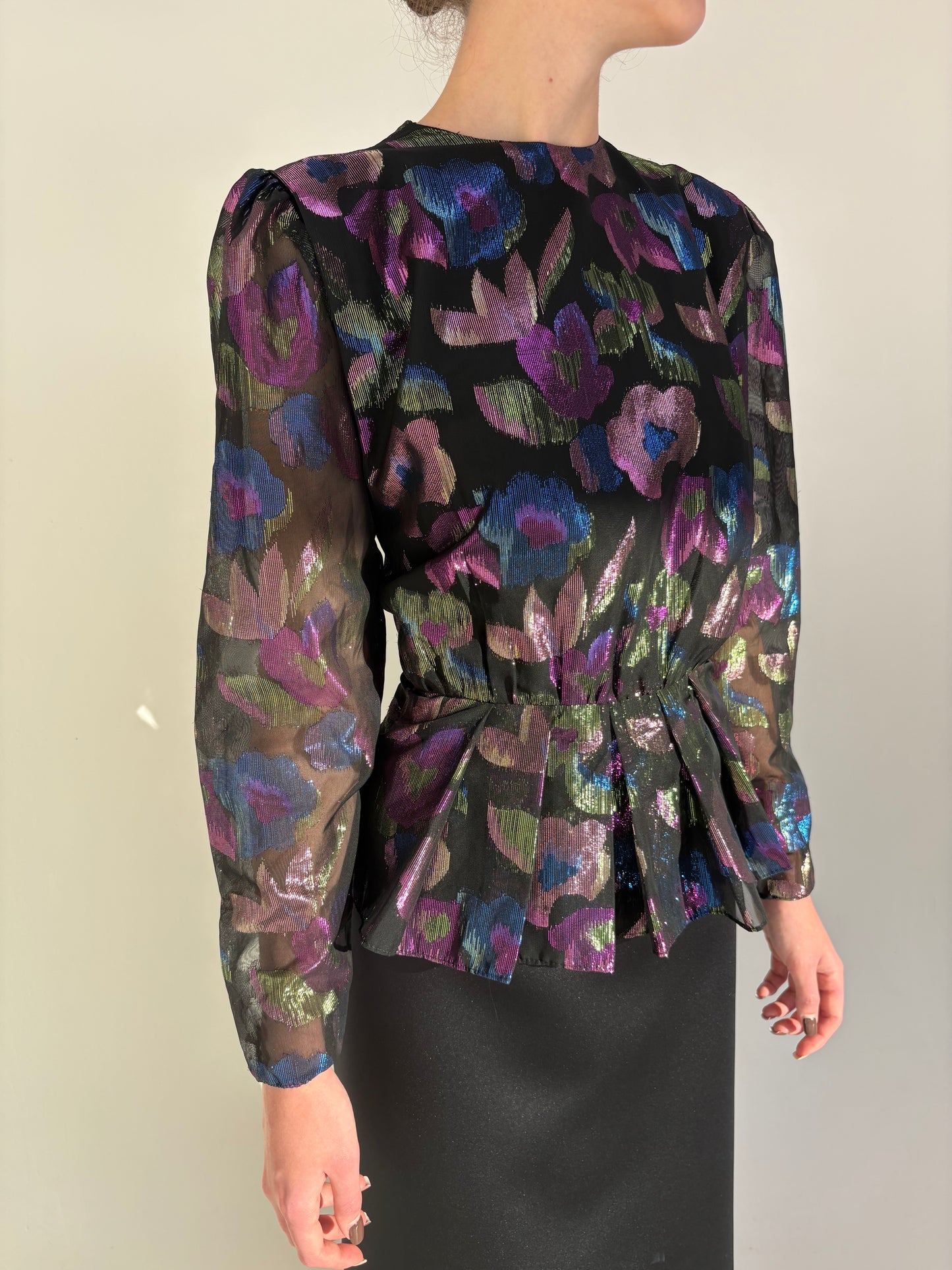 Rochie maxi old vintage de seară anii 80 cu peplum din jacquard lamé