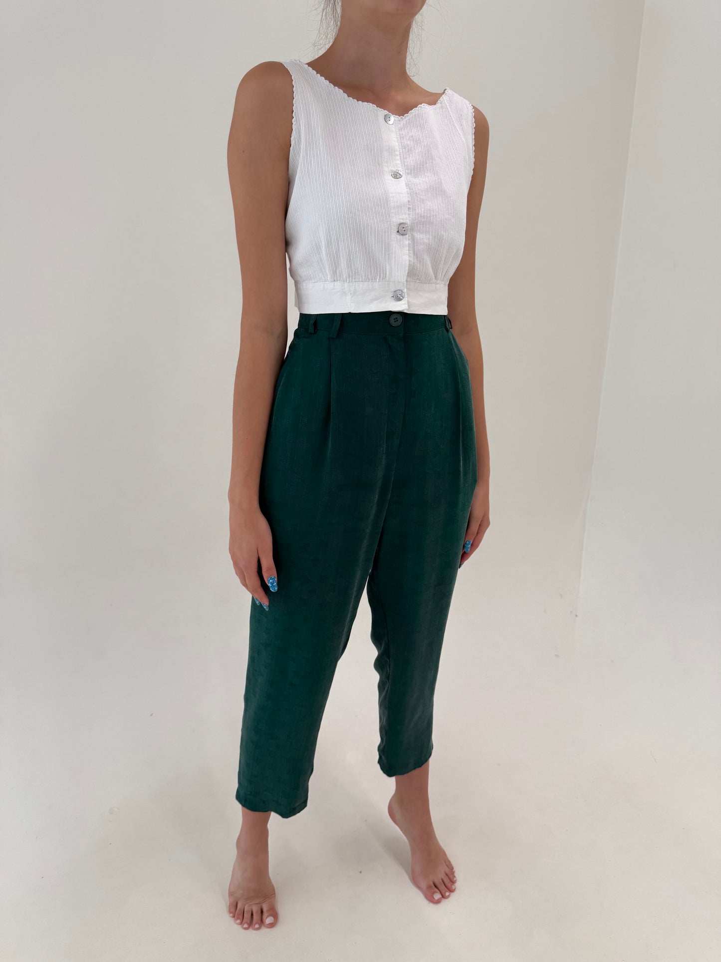 Costum super vaporos pine green din cupro cu overshirt și pantaloni cu talie ultra înaltă