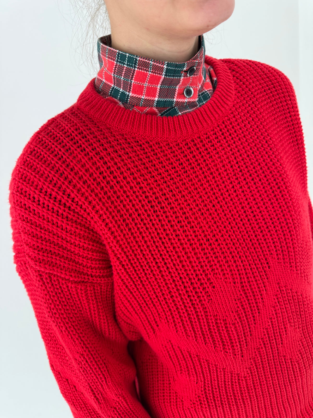 Pulover vintage tall din bumbac excepțional de gramaj mare cherry red
