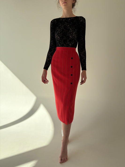 Fustă cherry red midi spre maxi din stofă de lana extrafina cu dungi fine