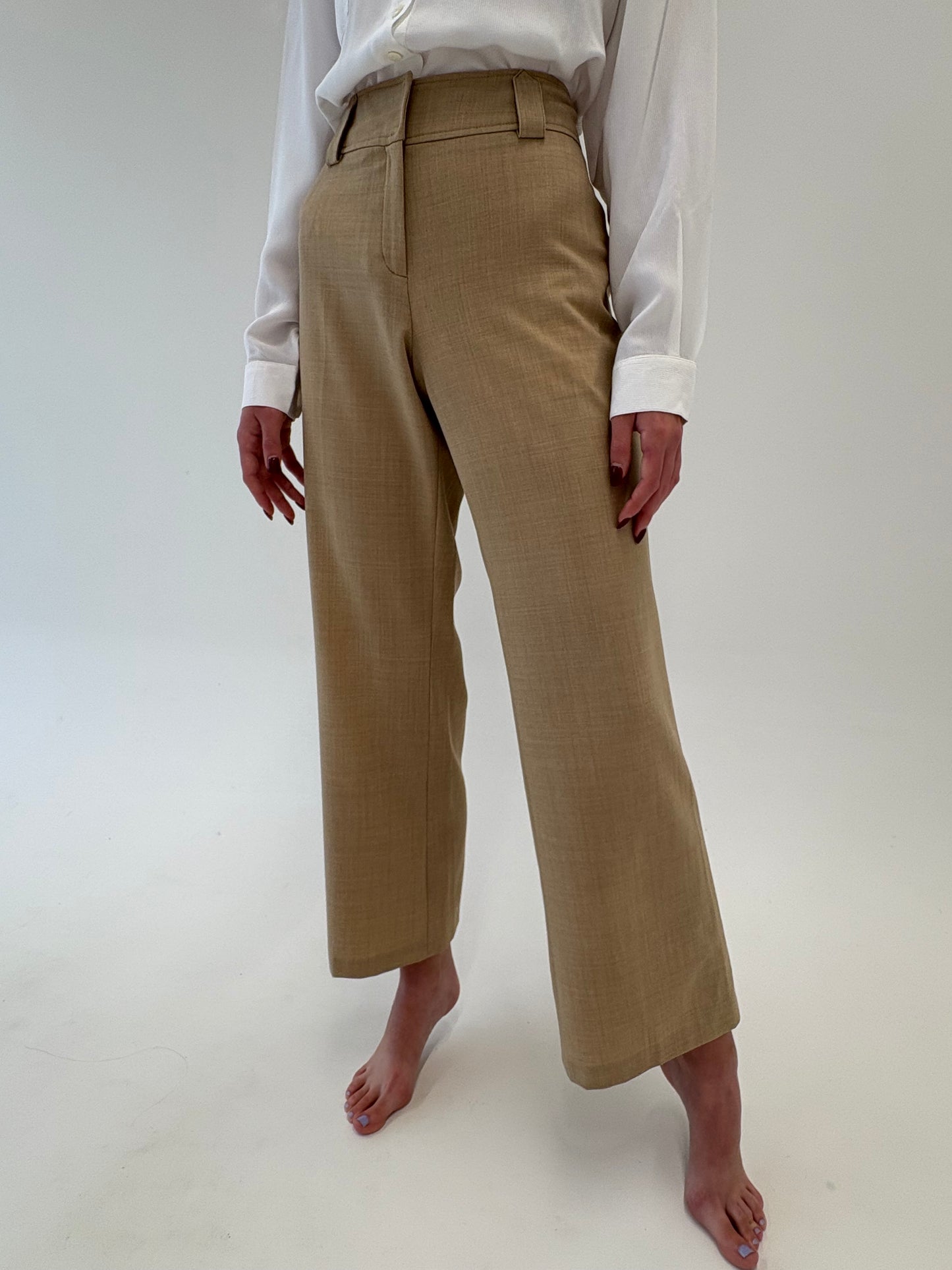 Pantaloni camel palazzo din mix de lana extrafina ușor strech