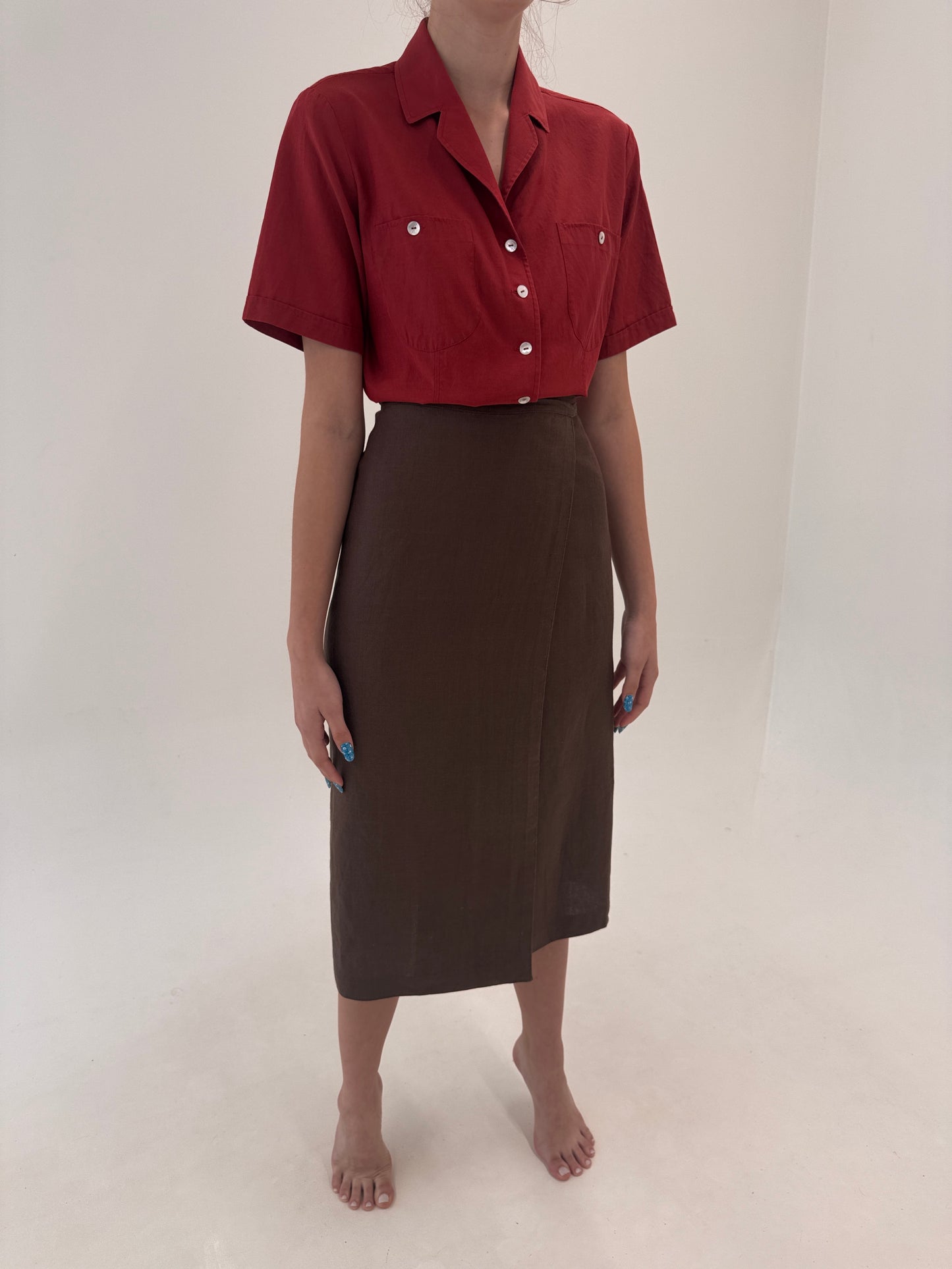 Fustă petrecută midi spre maxi din in premium chocolate brown