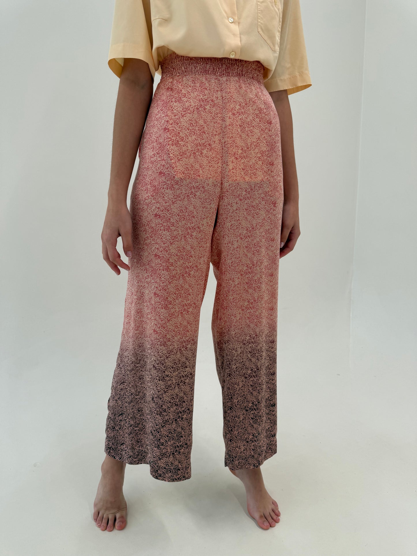 Pantaloni palazzo în degrade cu print stilizat super vaporoși ușor satinați