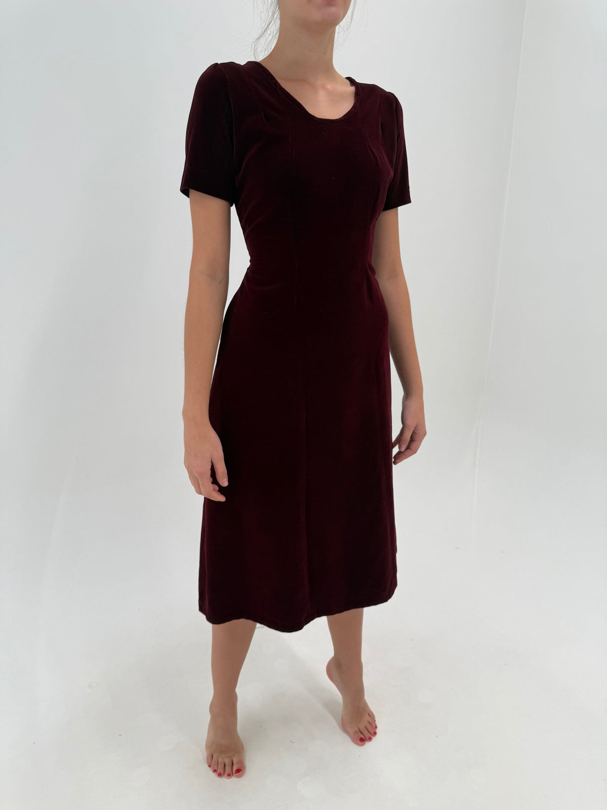 Rochie vintage dark red superb din catifea premium de bumbac în croi atemporal