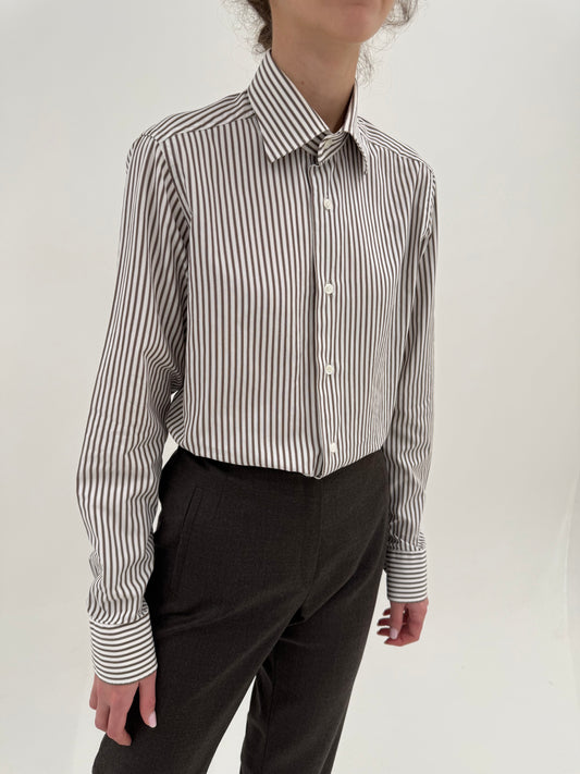 Cămașa high end italiană din bumbac egiptean cu dungi verticale chocolate brown