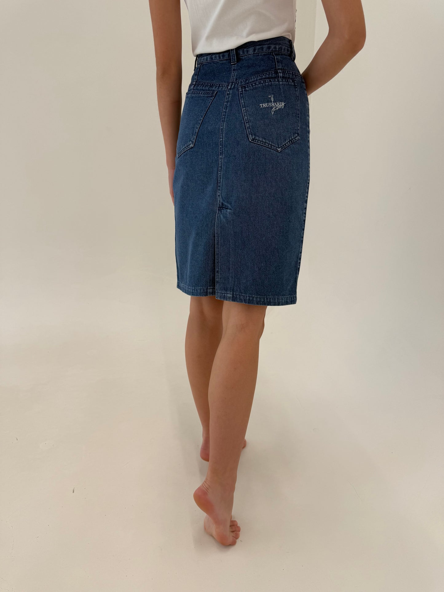 Fustă vintage luxury Trussardi din jeans moale de vară cu talie ultra înaltă
