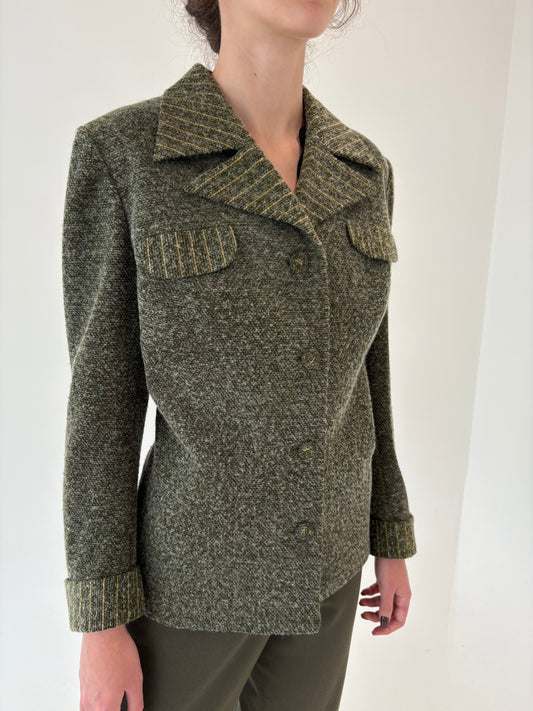Sacou vintage cambrat din boucle de lana axtrafina în nuanțe de verde