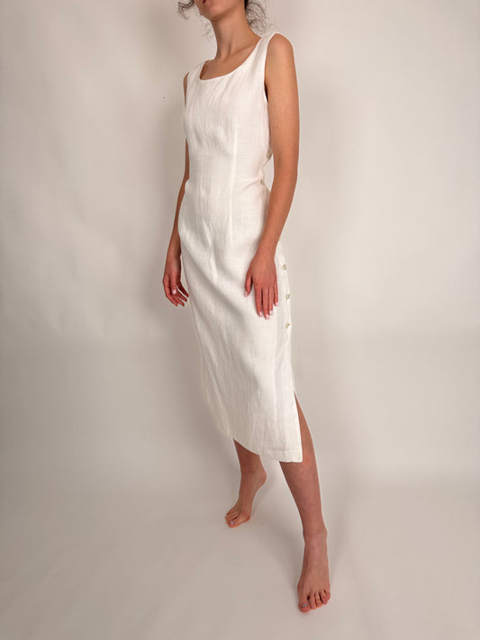 Rochie din in în croi minimalist cu nasturi mother of pearl