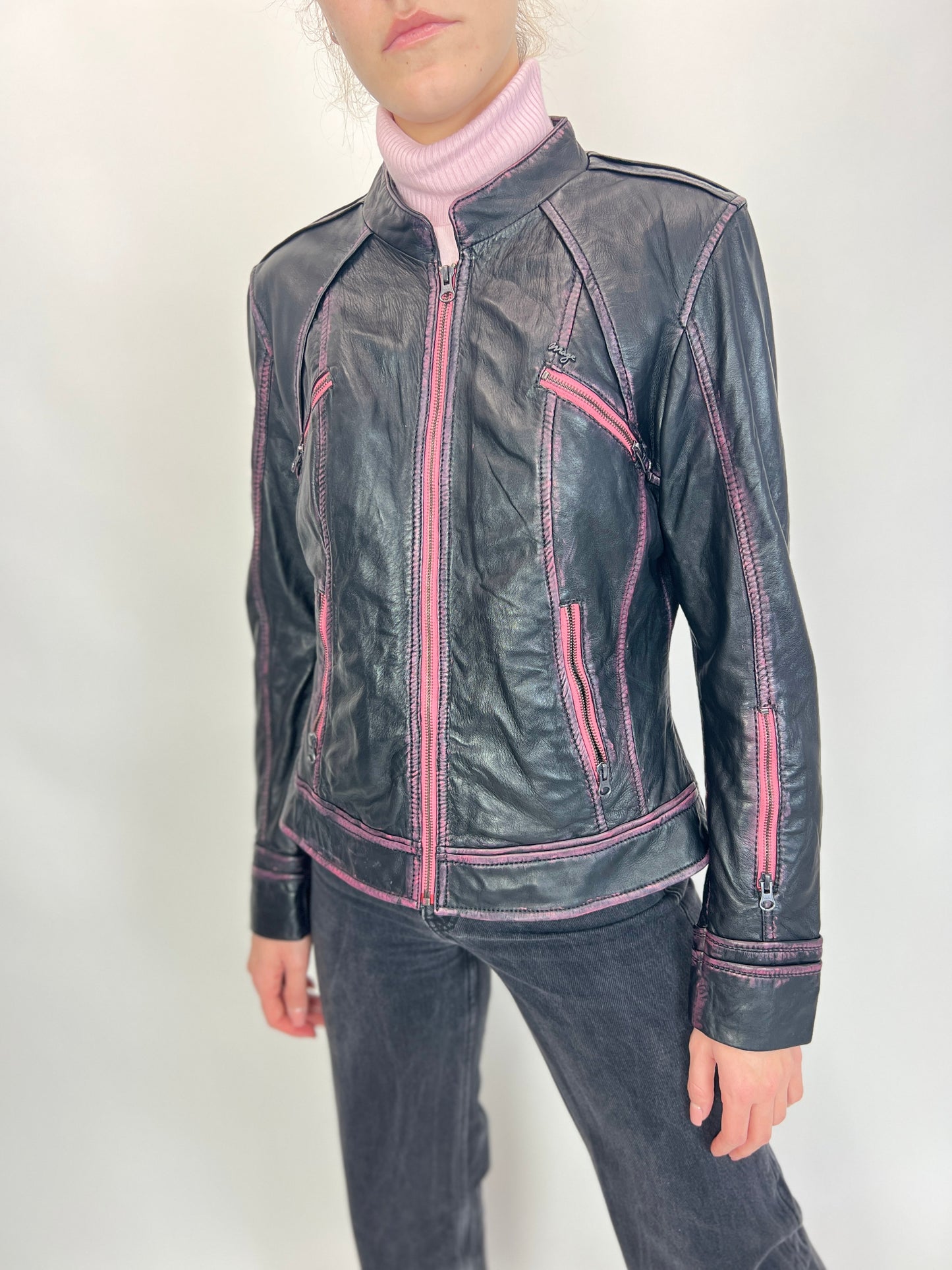 Geacă biker din piele naturală mănușă pink finish