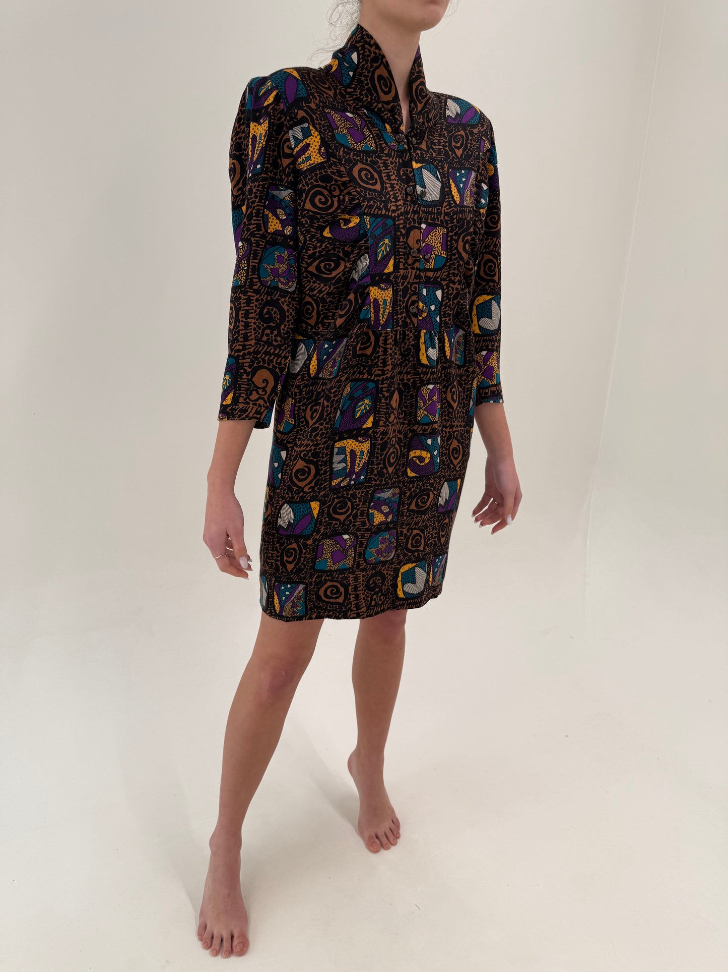 Rochie vintage cambrata cu fronseuri și print din lana extrafina subțire